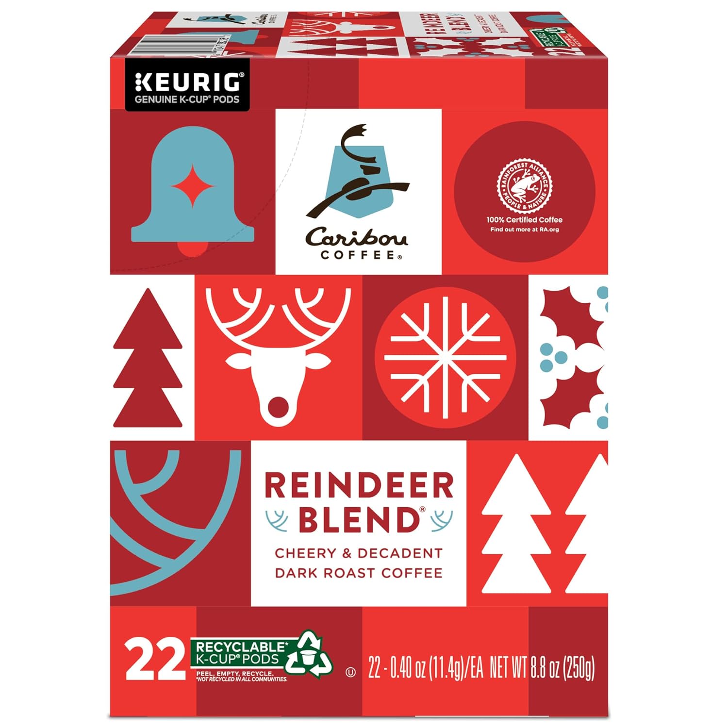 Caribou Coffee Reindeer Blend, Single-Serve Keurig K-Cup Pods, Dark Roast Coffee Pods, 88 Count