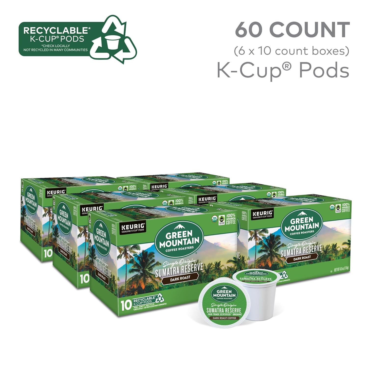 Green Mountain Coffee Roasters Sumatra Reserve, Keurig Single Serve K-Cup Pods, Dark Roast Coffee, 60 Count, (6 Packs of 10)